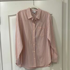 Women’s pink and blue striped button down shirt